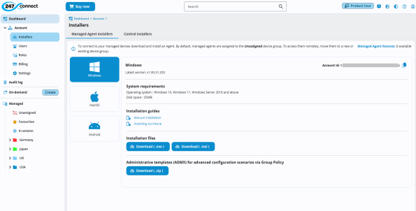 Installers page showing the Managed Agent Installers tab with Windows selected. It displays version info, system requirements, and installation guides. Installation files are available as .exe, .msi, and .zip (ADMX templates). Account ID is shown, along with Managed Agent licences available. 